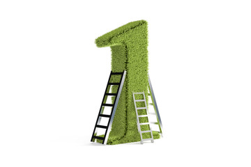 3D Rendering Green Color Number One with Silver Step Ladder