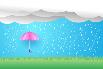 Heavy rain in dark sky, umbrella in the rain,rainy season, clouds and storm, weather nature background, vector illustration.