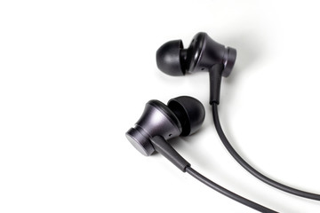 Flat lay concept: headphones on white backgrounds