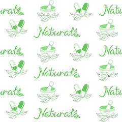 Green medical backdrop. Vector seamless pattern for herbal medicine, green pharmacy, alternative medicine, ECO pharmacy, natural medicine, homeopathy, printing on packaging. ECO, bio, natural concept