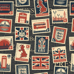 Vector seamless pattern on the theme of great Britain and London with postage stamps and postmarks on a black newspaper background in retro style. Suitable for Wallpaper, wrapping paper or fabric