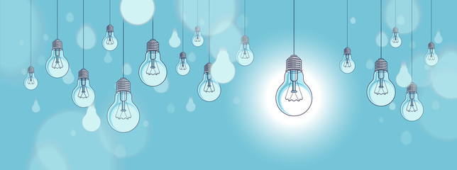 Idea concept, think different, light bulbs group vector illustration with single one is shining, creative inspiration, be special, leadership.