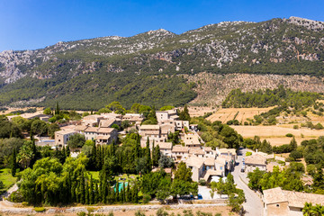 Fototapeta na wymiar Aerial view of Orient, Urbanization d'Alaro, Sierra de Tramuntana, Mallorca, Balearic Islands, Spain