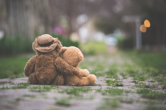 One teddy bear with his/her arm wrapped around a smaller teddy bear showing compassion on a grassy street