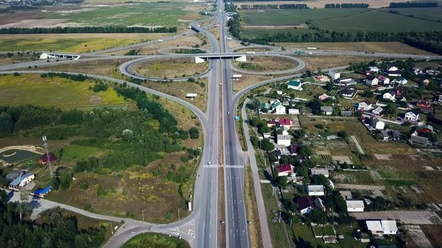 aerial view of road junction, large car interchange, Route Kiev Zhytomyr, Aerial highway junction, Drone footage of top view of Highway road junctions