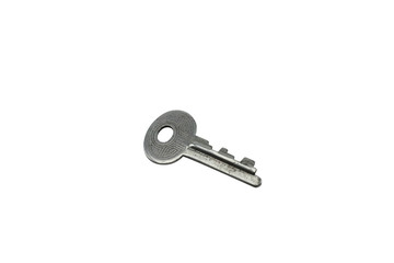 A small, silver, old jewelry box key, close up, isolated on a clean, white background.  Shot in macro.