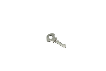 A old, metal padlock key, close up, isolated on a clean, white background.  Shot in macro.