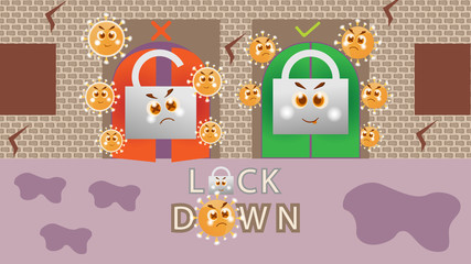Lock down cartoon, padlock versus virus