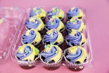 Bunch of Easter cupcakes in plastic box on pink background in a selective focus