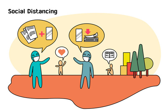 Social Distancing Concept About People Talking But Keep Distance 2 Meter Or 6 Feet. They Are Order, Sent And Transfer Money Over Smartphone.