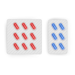 Blister with capsules. Medical drug tablet for illness and pain treatment Realistic mock-up with red and blue pills on white background. Vector illustration eps 10 format
