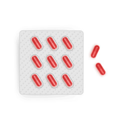 Blister with capsules. Medical drug tablet for illness and pain treatment Realistic mock-up with red pills on white background. Vector illustration eps 10 format