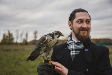The concept of falconry. A man of European appearance with a leather glove and a beautiful Falcon...