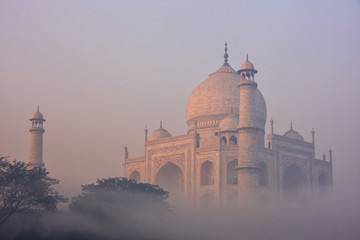 View of Taj Mahal in early morning fog, Agra, Uttar Pradesh, India