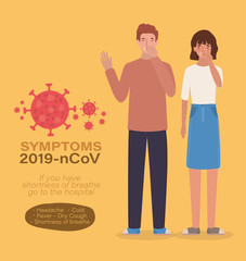 Avatar woman and man with dry cough 2019 ncov virus symptoms vector design