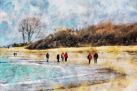 Digital illustration of beach landscape at Darss peninsula in Mecklenburg-Vorpommern Germany. People walking along the beach. Water color.
