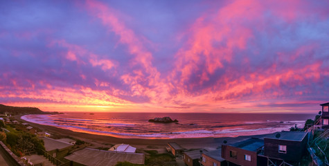 Panorama of Violet - purple sunset over the shore