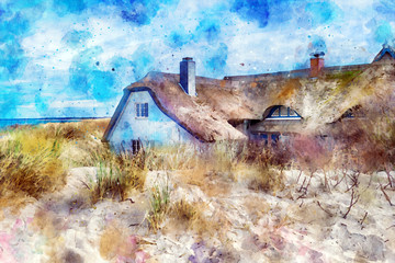 Digittal illustration of traditional reed roof house at baltic sea shore in sand dunes. Ahrenshoop village in Germany. - obrazy, fototapety, plakaty