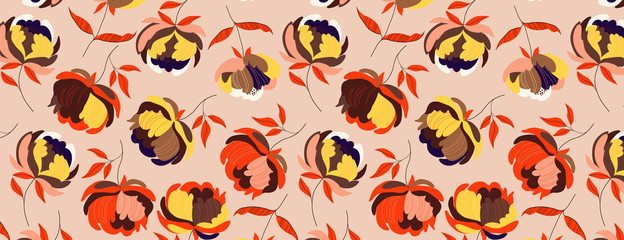 Big autumn peonies flower pattern. Warm seamless background. Hand-drawn modern illustration of big flower heads with orange leaves on a solid colour. Fabric, web, app, stationery design asset. 