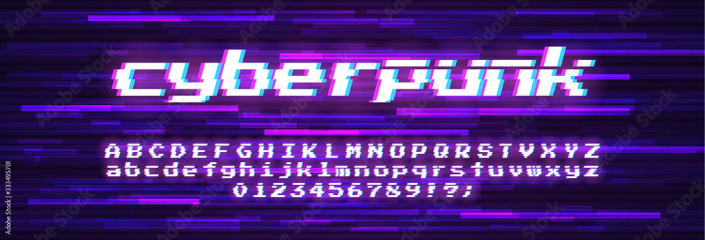 Fototapete glitch vector font. symbol of cyberpunk, hacker attack. modern design, technological error. texture 