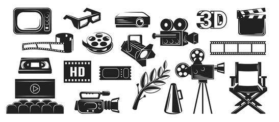 Set of vector film industry objects. Black-white icons in retro style. Video and editing tools.