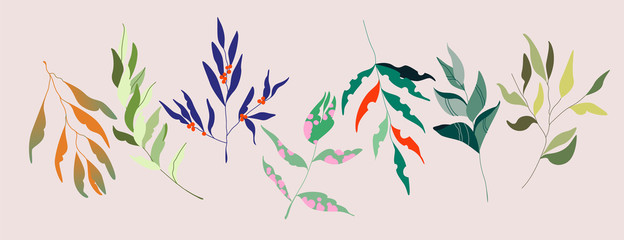 Fototapeta na wymiar Set of colourful vector tree branches. Red, green, purple and orange leafs, red berries. Trendy hand drawn illustration. Natural, botanical isolated items. Set of garden floral design elements.