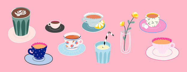 Set of trendy cups with tea or coffee. Hand drawn vector vase, glass and colourful cups with different textures: flowers, dots, stripes. Isolated elements on a pink background. Morning drinks.