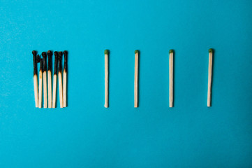 Burnt matches on a blue background. Coronavirus hygiene and distance concept