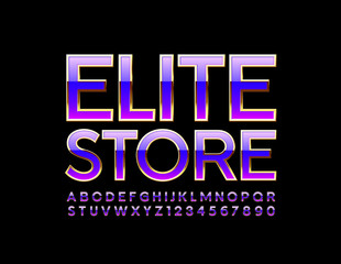 Vector chic logo Elite Store. Purple and Gold shiny Font. Premium Alphabet Letters and Numbers