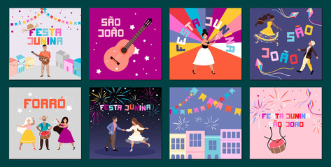 Festa Junina in Brazil. Traditional Brazilian holiday. Latin American summer festival. Set of card designs for web and print, banner and leaflets. Colourful characters celebrating. Trendy illustration