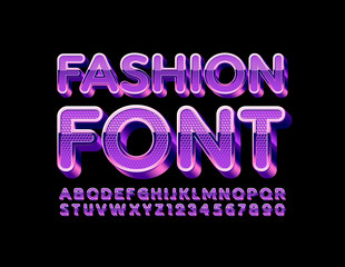 Vector Fashion Font, Violet textured Alphabet. Purple 3D Letters and Numbers set