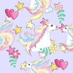 Seamless pattern with unicorns and stars. Baby background.