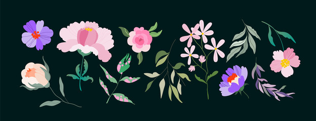 Isolated vector flowers. Set of different floral elements for logo, pattern, web and app design. Feminine vibrant wild roses, tree branches and field flowers.  Hand-drawn trendy illustration.