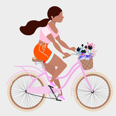 Pretty brunette girl riding pink city bicycle. Isolated vector illustration for web and print use. Trendy infographic clip art element. Bicycle decorated with flowers. Modern summer female outfit.