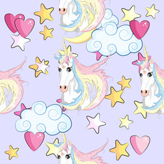 pattern with cute unicorns, clouds,rainbow and stars. Magic background with little unicorns.