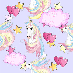 Seamless pattern with unicorns and stars. Baby background.