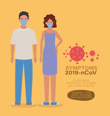 Avatar woman and man with masks 2019 ncov virus symptoms vector design