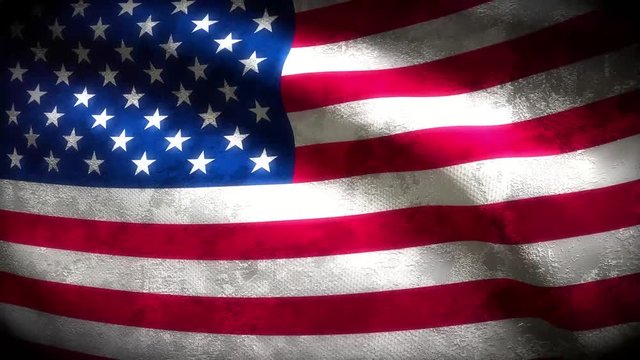 60FPS heavy dark grunge USA flag colored in blue, red, white with aged vintage texture waving, UHD 4k 3d seamless looping video