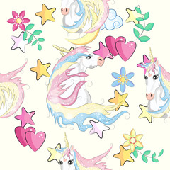 pattern with cute unicorns, clouds,rainbow and stars. Magic background with little unicorns.