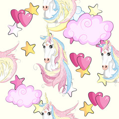 Seamless pattern with unicorns and stars. Baby background.