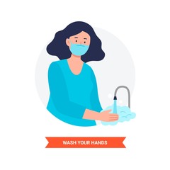 Obraz premium Virus prevention and protection. Wash often your hands. Coronavirus alert. Isolated vector illustration in flat cartoon style.