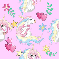 Fototapeta na wymiar pattern with cute unicorns, clouds,rainbow and stars. Magic background with little unicorns.