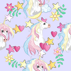 Obraz premium Seamless pattern with unicorns and stars. Baby background.