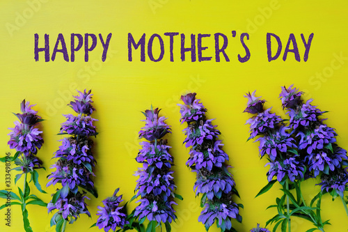 Mother's day background in bright yellow with purple flowers for holiday.