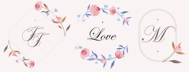 Floral logo design frames. Minimalistic modern branch and flowers logo design. Round and square line frames for web and print. Floral arrangement templates.