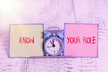 Handwriting text Know Your Role. Conceptual photo end acting outside who you actually are Play your...