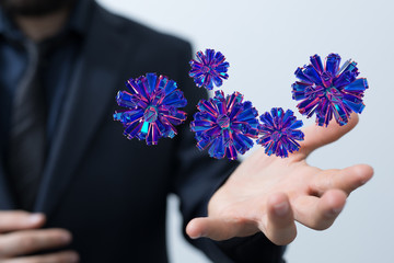 Hologram of coronavirus COVID-2019 on a blue futuristic background. Deadly type of virus 2019-nCoV....