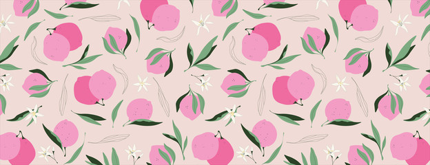 Pink lemon pattern. Lemon pattern design for web and print. Vibrant hand-drawn illustration. Pink fruits, leaves and flowers.  