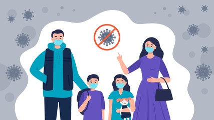 Family wearing protective medical masks to prevent virus Covid-19. Mom told kids how to protect a virus. Vector flat illustration.