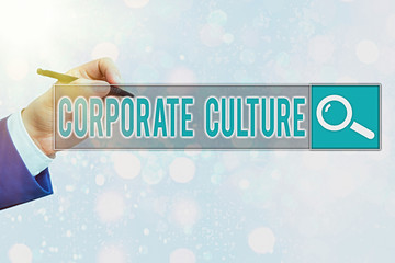 Conceptual hand writing showing Corporate Culture. Concept meaning pervasive values and attitudes...